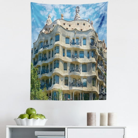 Spain Tapestry, Casa Mila la Pedrera Barcelona Landmark Building History Themed Photo, Fabric Wall Hanging Decor for Bedroom Living Room Dorm, 5 Sizes, Grey Yellow and Sky Blue, by Ambesonne