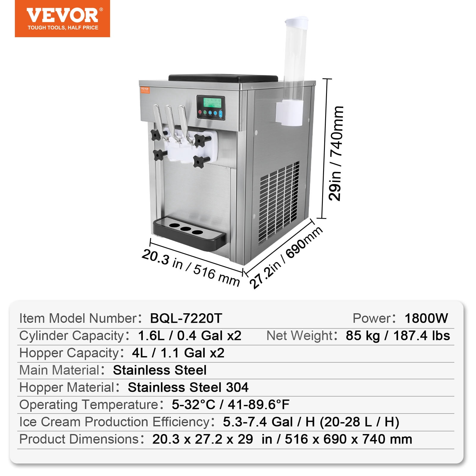 KFFKFF  Commercial Soft Serve Ice Cream Maker   5.3-7.4gal/20-28L/H Yield 3 Flavor 4L/1.1gal Cylinder Restaurants Snack Bar supermarkets