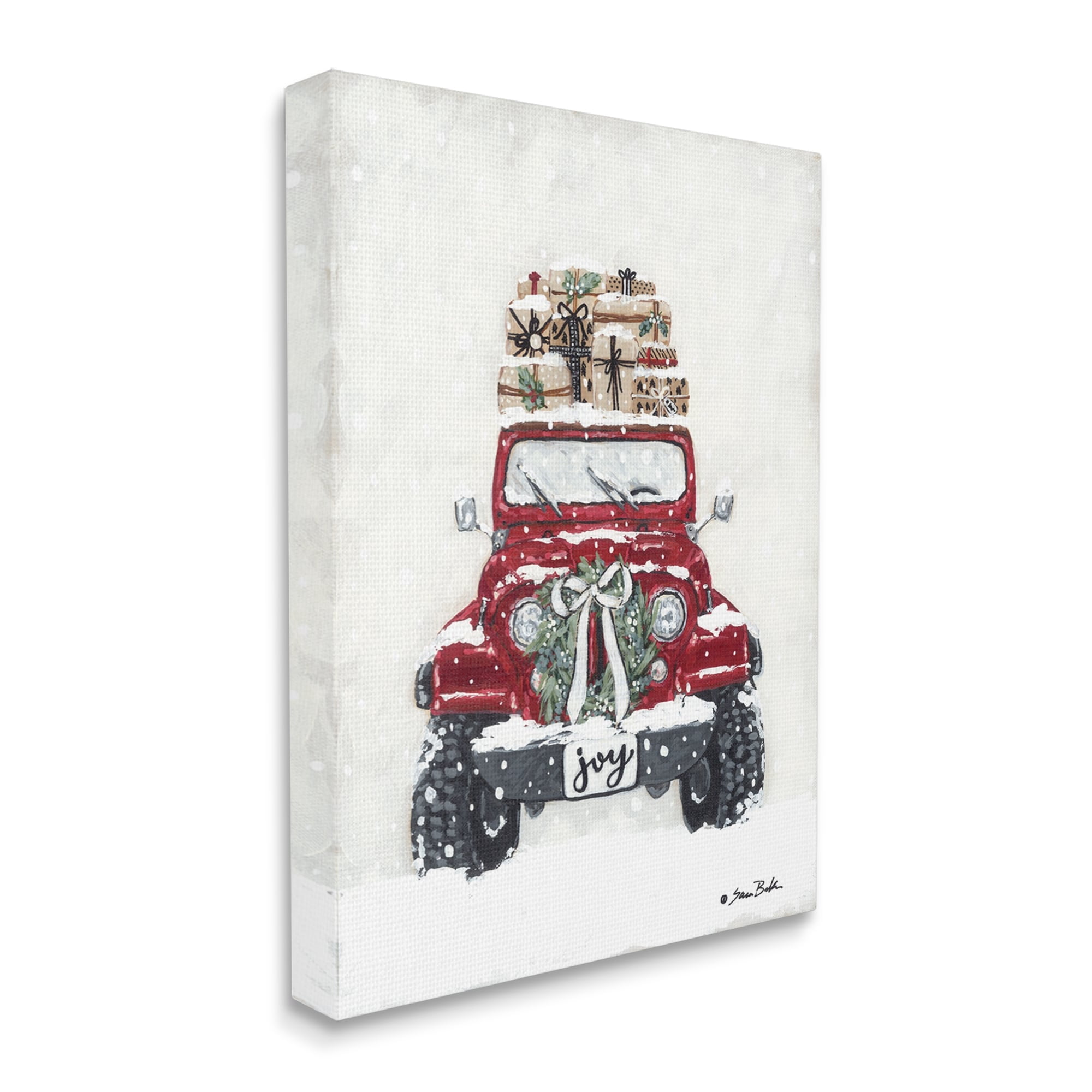 Festive Red Truck Christmas Presents Snowscape Flurry Transportation Painting Gallery-Wrapped Canvas Print Wall Art