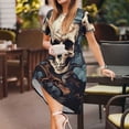 thumbnail image 3 of Fotbe Vintage Leaf Flower Skull Pattern Dress Casual Womens Fashion Short Sleeve Maxi Dress T Shirt Dress Striped Long Color Block Maxi Dress, 3 of 6