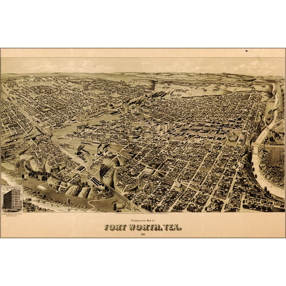24"x36" Gallery Poster, birdseye view map of Fort Worth, Texas 1891