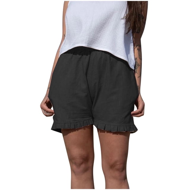 Timegard Lounge Shorts for Women Cotton Linen Ruffle Bottom Elastic Waisted Loose Shorts with Pockets