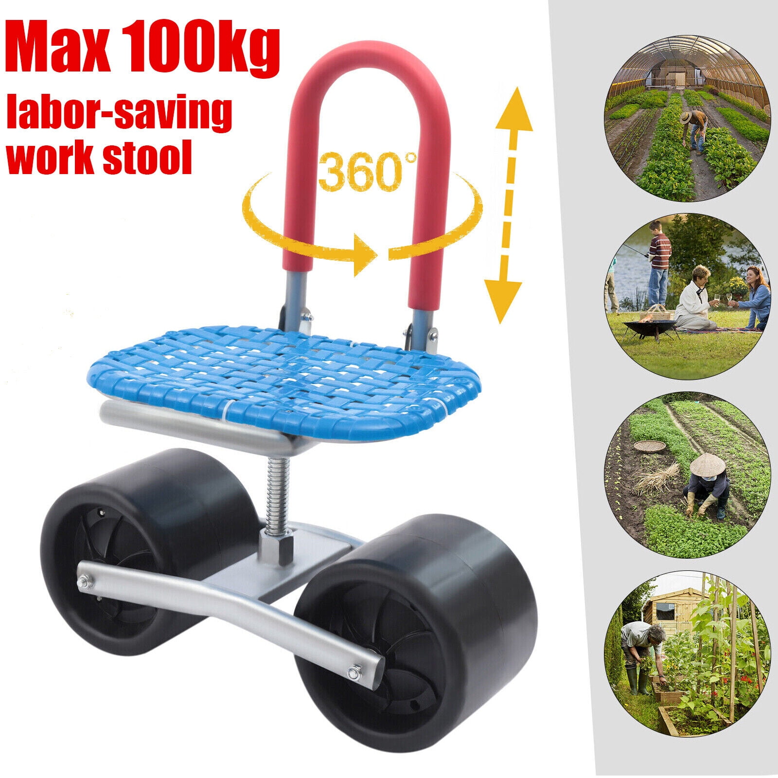 TFCFL Garden Cart Rolling Stool Adjustable Height Yard Weeding Workseat