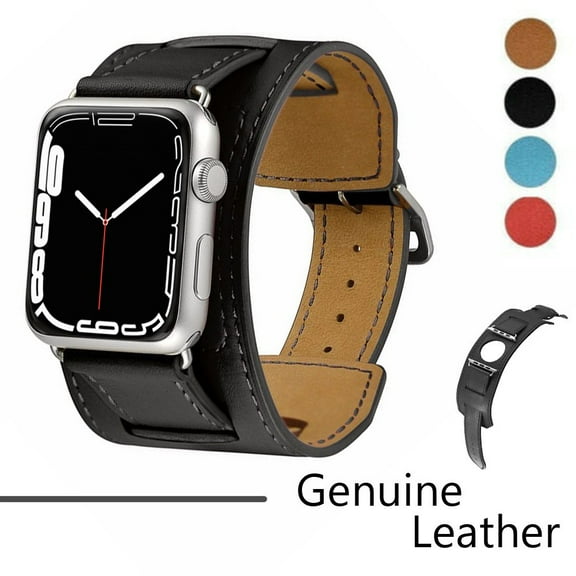LEIXIUER Cuff Bracelet for Apple Watch Band 45mm 41mm 44mm Men Women Genuine Leather Wristband Accessories iWatch Bands for Apple Watch 7 Series SE/6/5/4/3/2/1 - Black
