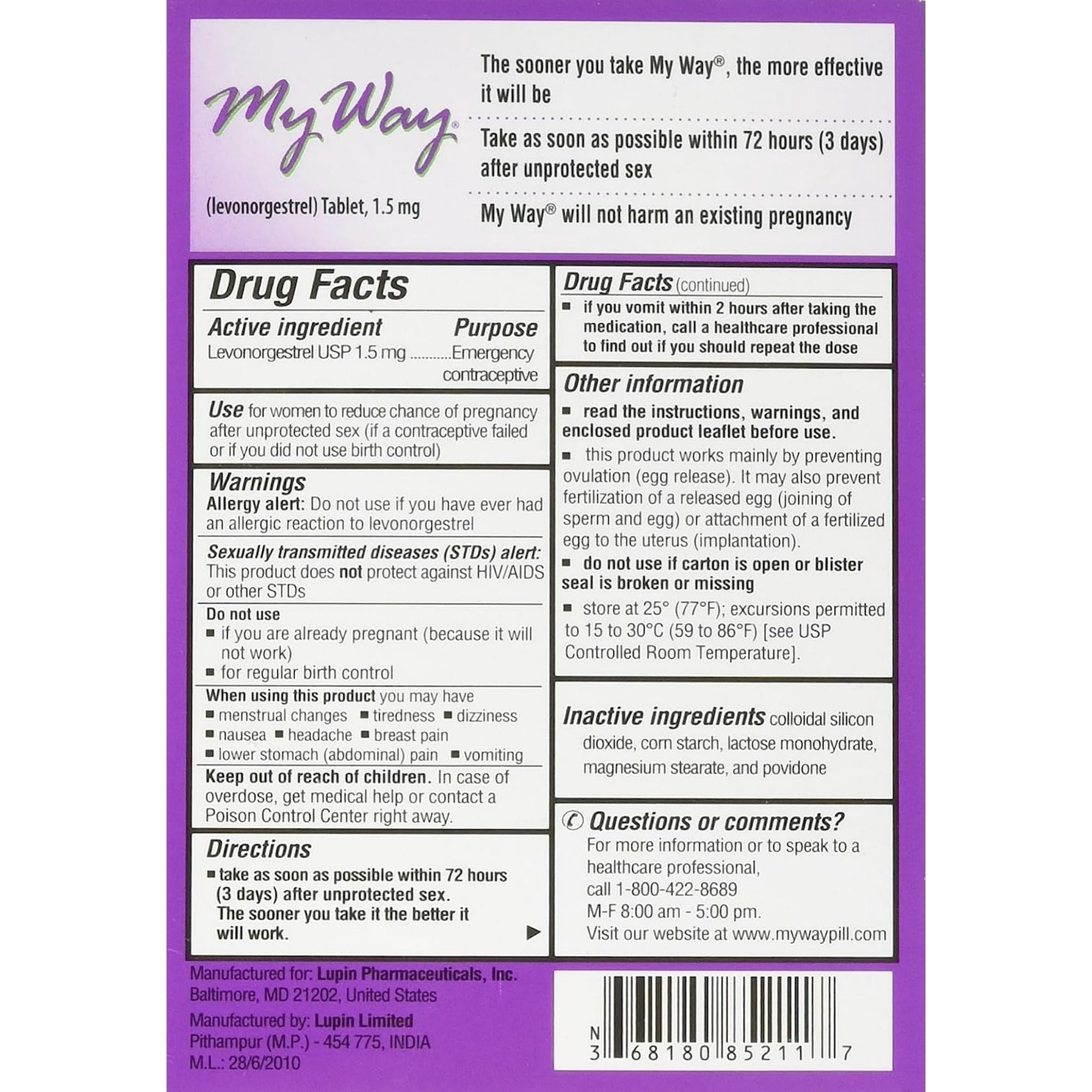 MyWay Emergency Contraceptive Pill | Compare to Plan B One-Step | 1.5MG ONE TABLET | 6PK