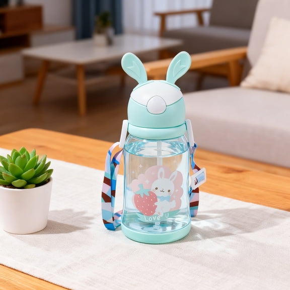 WMTOKK Rabbit Straw Water Bottle 600ml Flip Lid Drink Cup Portable Strap Water Bottle For Kids School Travel (in Green)