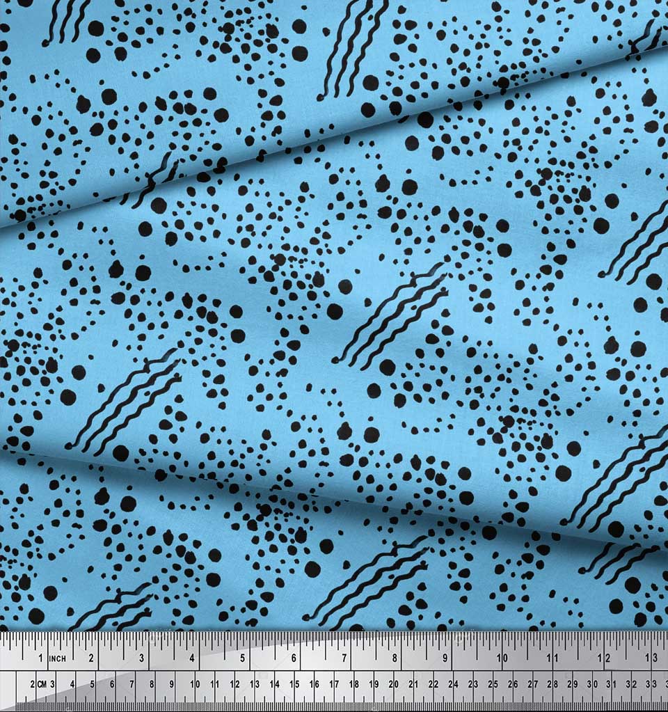 Soimoi Blue Heavy Satin Fabric Brush Stroke & Dots Abstract Decor Fabric Printed Yard 54 Inch Wide