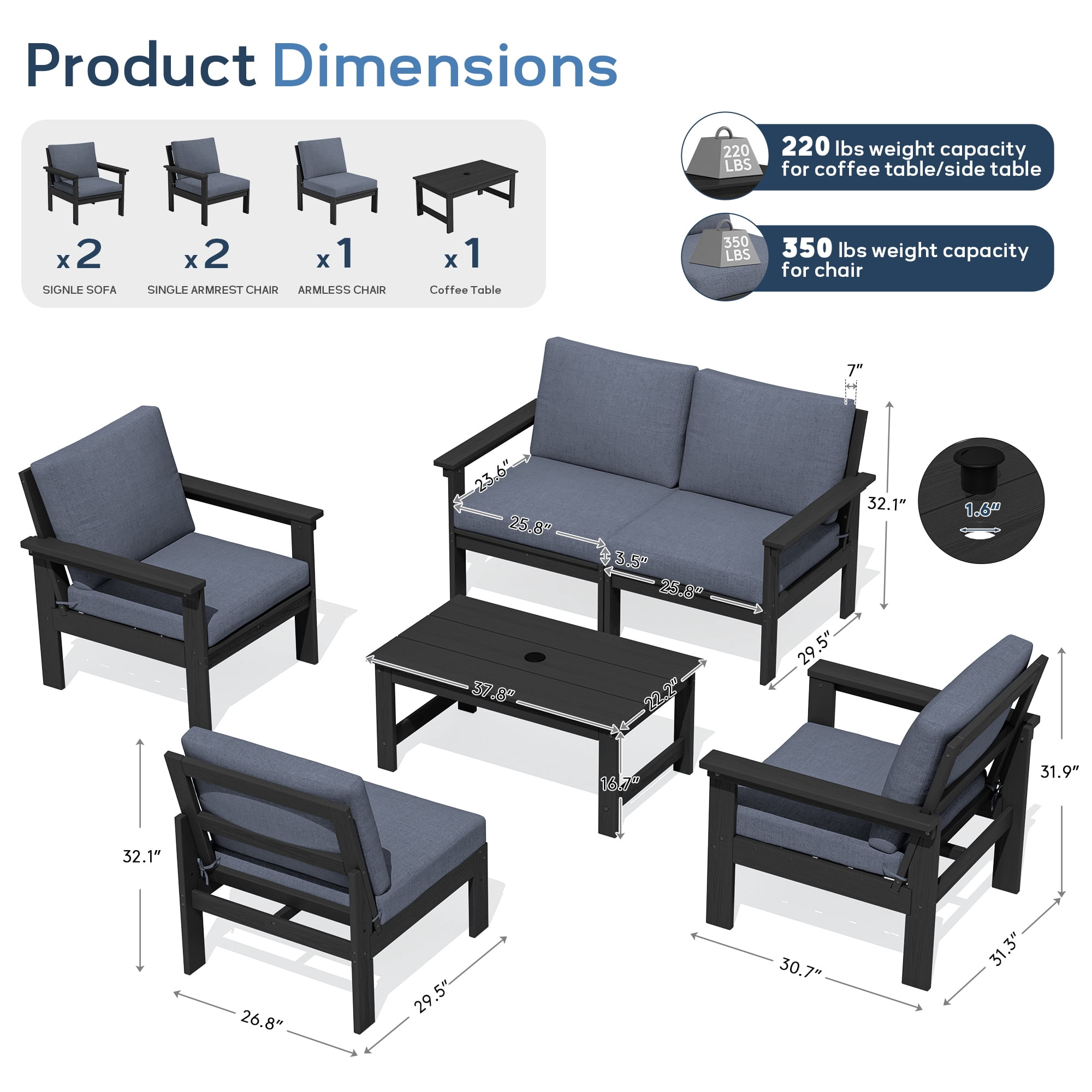 SERWALL Outdoor Patio Furniture Set, 6-Piece HDPE Outdoor Sofa Set Patio Conversation Set, Black Frame with Grey Cushions