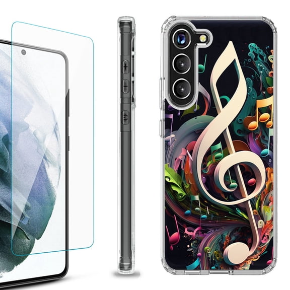 OneToughShield ® for Samsung Galaxy S23 S23 Plus 5G Shockproof Bumper Phone Case, with Tempered Glass Screen Protector - Music Notes Colorful