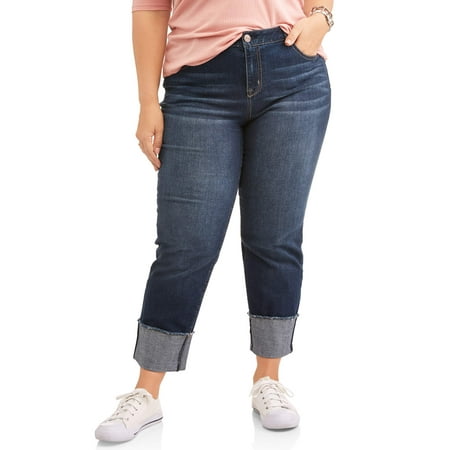 - A3 Denim Women's Plus Size Dark Wash Straight Leg Jean with Fray Hem Wide Cuff