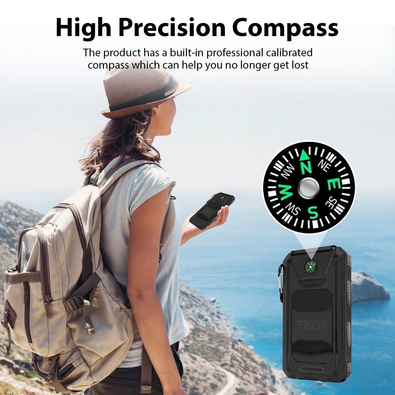 BAOKALER 30000mAh Solar Charger for Cell Phone iPhone, Portable Solar Power Bank with Dual 5V USB Ports, 2 Led Light Flashlight, Compass Battery Pack for Outdoor Camping Hiking(Black)