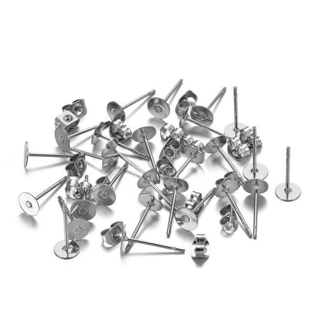 Transemion 100 Sets Boucle d'Oreille Base en Acier Inoxydable Boucles d'Oreilles Bouchons DIY Connecteur Hypoallergénique Boucle d'Oreille Ronde Accessoire Femmes Adultes Couleur Acier / 5mm