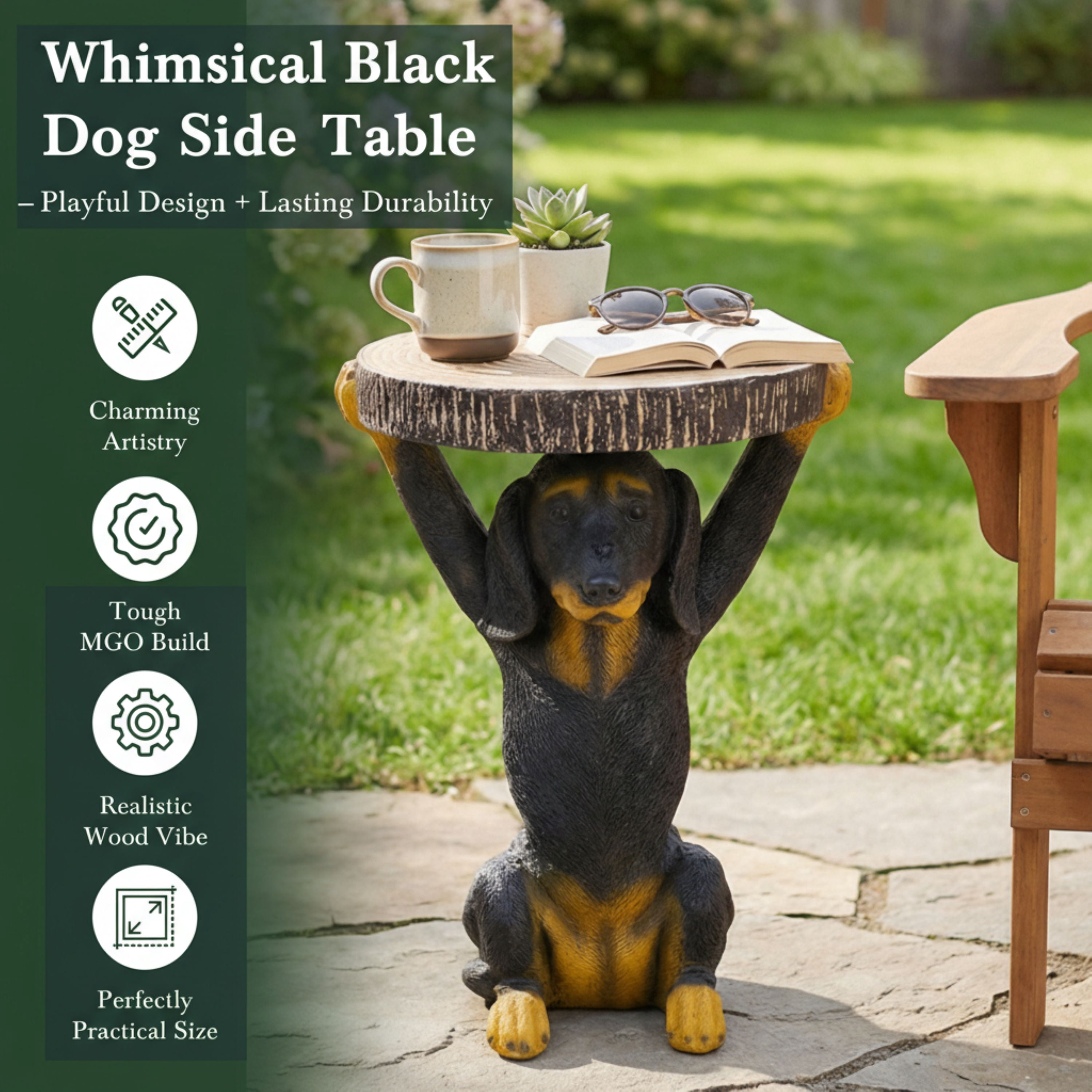 Pedestal Side Table, 22.17 Inch Hand-Painted Dog Shape End Table for Patio Garden, Black and Brown