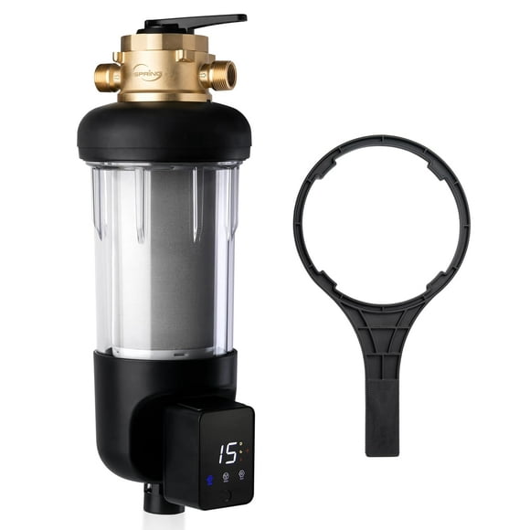 iSpring WSP100ARJ-BP Whole House Prefilter, Spin-Down Sediment Water Filter with Bypass, Upgraded Clear Housing, Jumbo Size, Flushable and Reusable, Touch-Screen Auto Flushing, 4 Modes, 100 Microns
