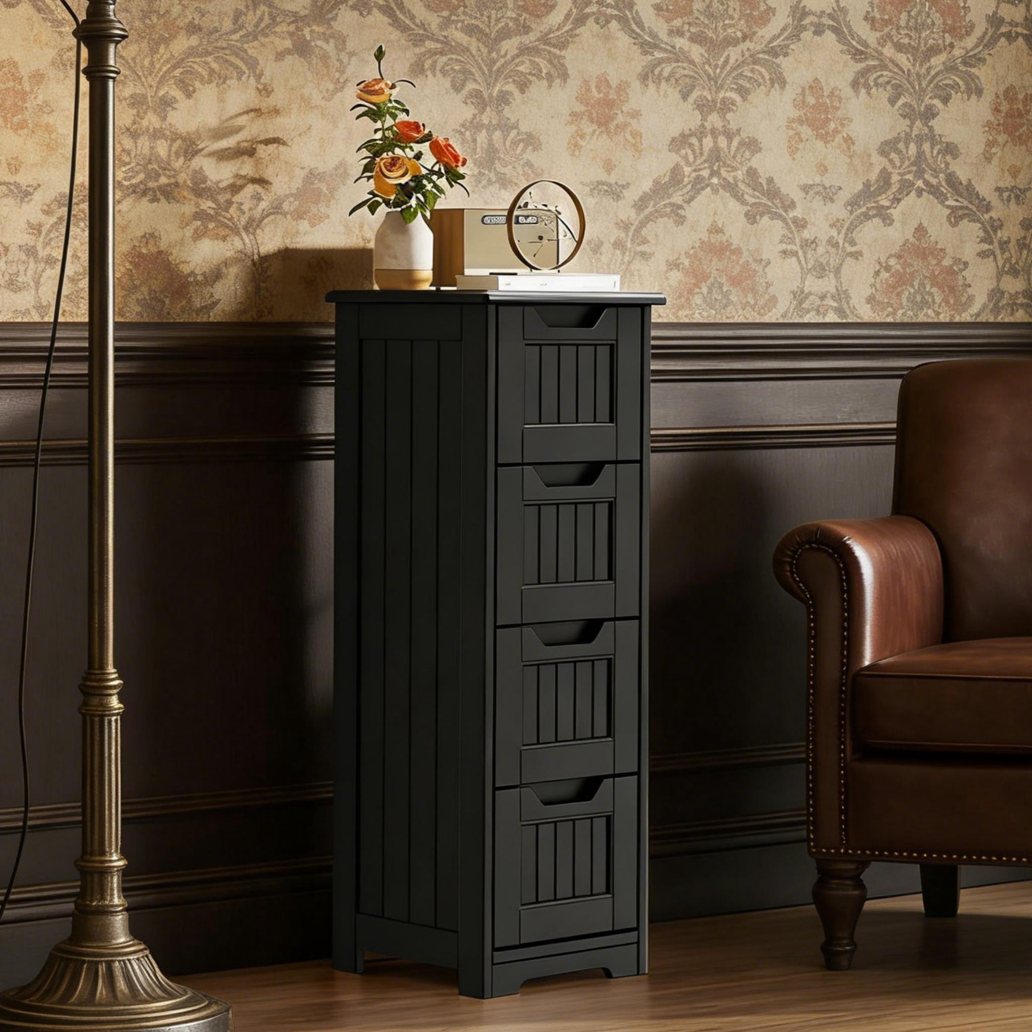 Storage Cabinet, Small Free Standing Narrow Cabinet with 4 Drawers for Living Room, Bedroom, Bathroom,Black