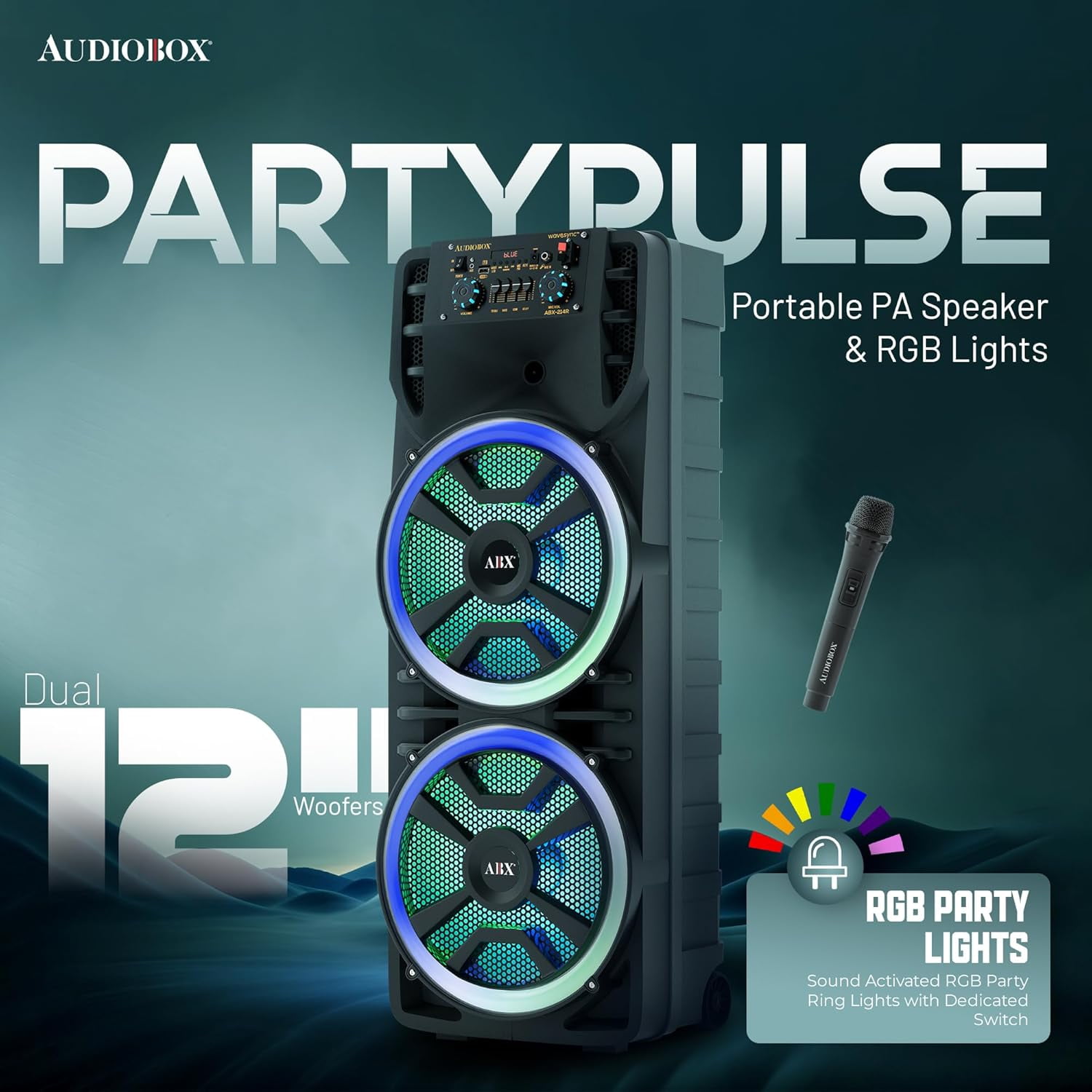 Audiobox ABX-214R Portable Bluetooth Speaker Karaoke Machine - Dual 12" Woofers, RGB Party Lights, AUX, Lightweight with Loud Bass, Singing Machine with Bluetooth & Wireless Microphone - 37-Inch Tall