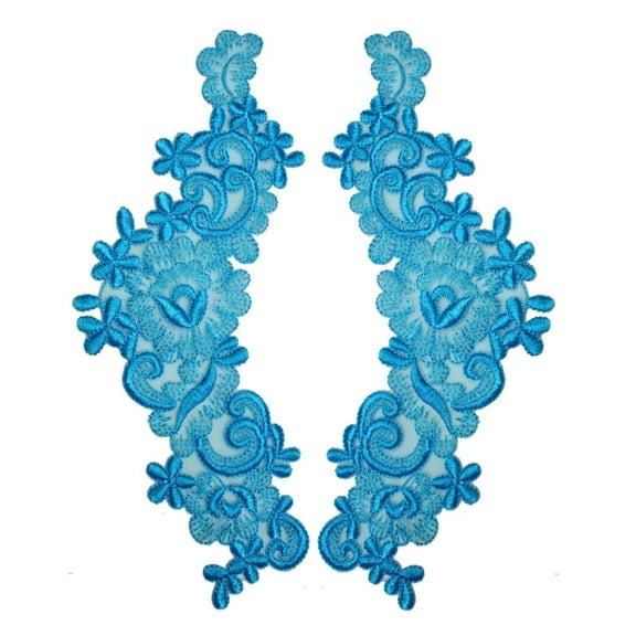 10.5"X4" Floral Embroidered Sheer Organza Motif Applique Green Navy Orange Blue