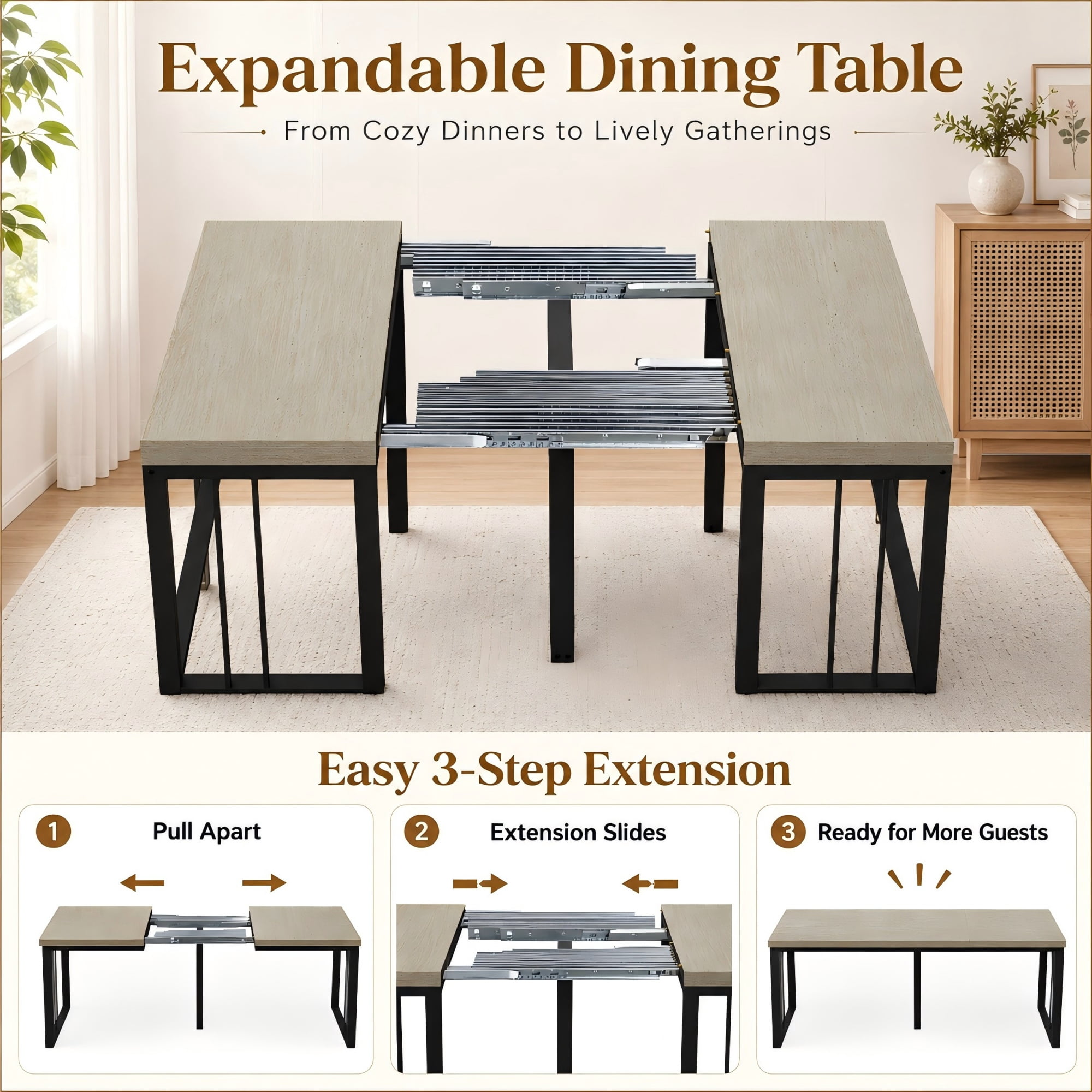 BSHTI 23.62"-118" MDF Extendable Rectangular Dining Table with Metal Base, Wood Grain Top for Kitchen/Dining Room（Ancient White）