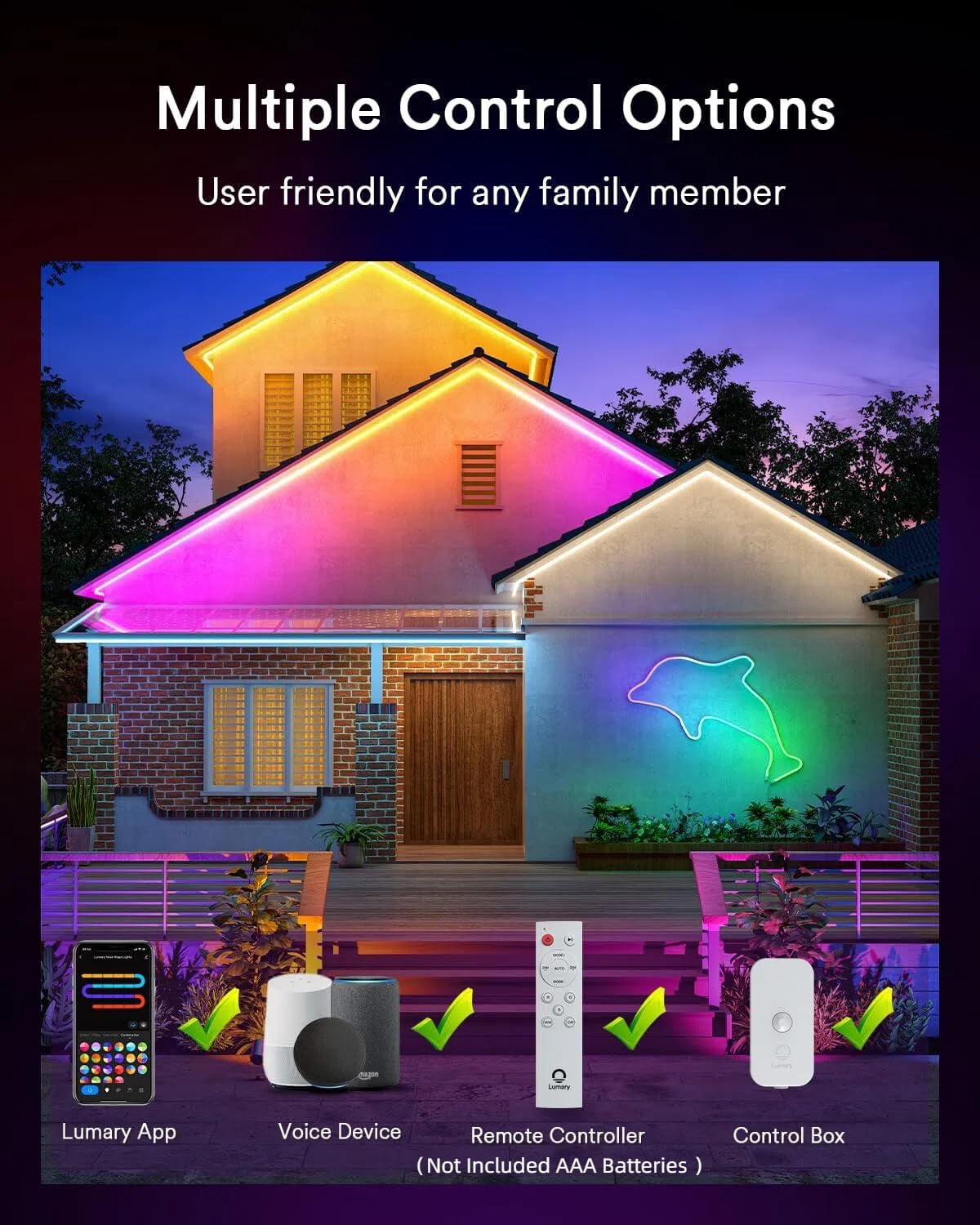 Lumary 16.4ft Smart Outdoor Neon Rope Light IP65 Waterproof RGBAICW LED Strip Music Sync Works with Alexa