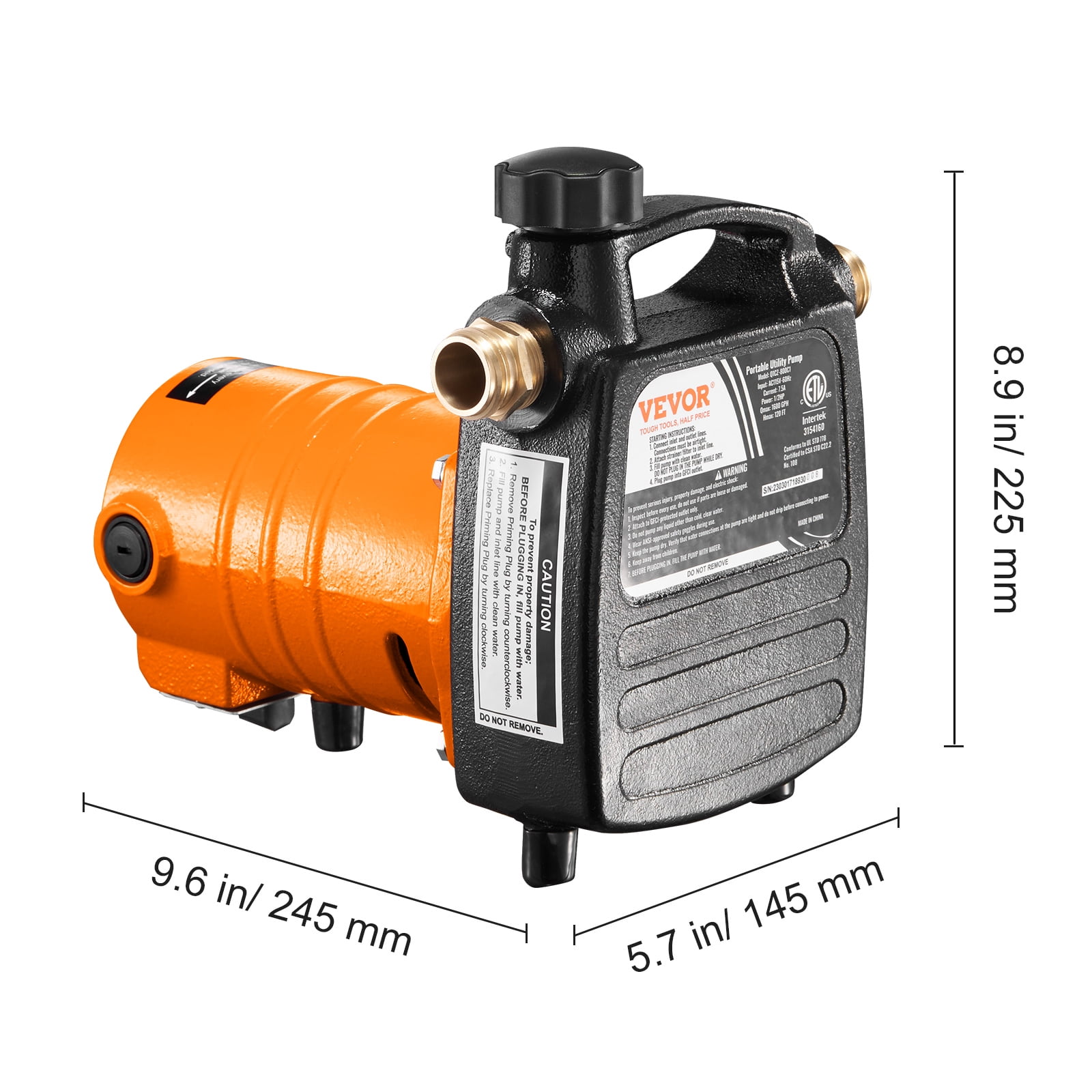 VEVOR Cast Iron Water Transfer Pump, 115V AC 1600 GPH 1/2HP, Portable Electric Utility Pump with Carbon Brush, Filter, Brass Connectors, for Garden, Rain Barrel,Pool,Pond,Hot Tub,Aquarium Draining