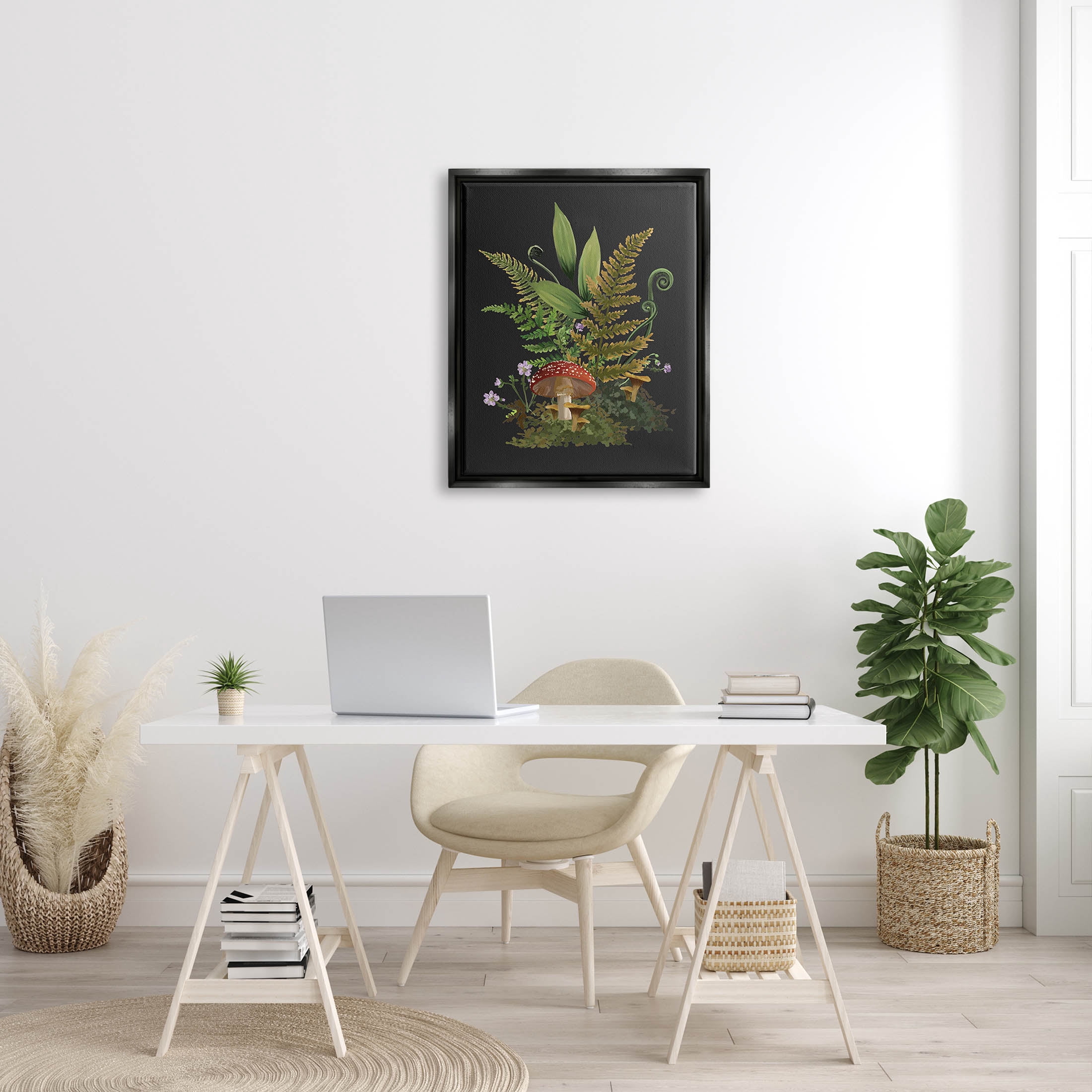 Ferns Sprouting Woodland Mushroom Plants Botanical & Floral Graphic Art Jet Black Framed Art Print Wall Art