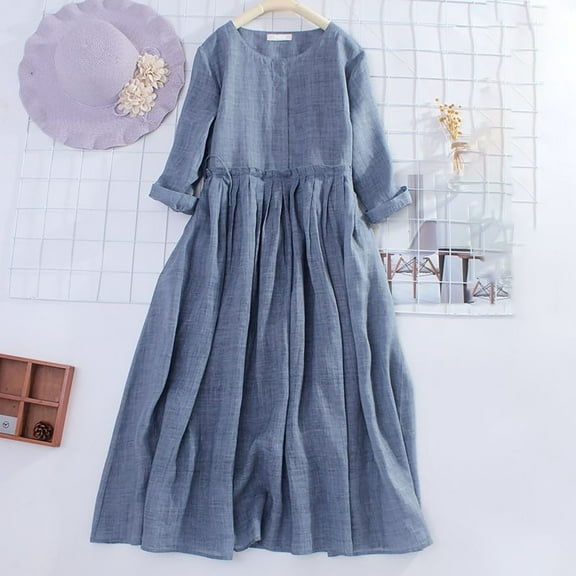 Spring And Summer And Linen Baptism Casual Dresses Girls Dresses Proposal Dress Short Sleeves Midi Dress Long Summer Dresses for Women High Neck Dress Tummy Hiding Dresses for Women Summer Dresses for