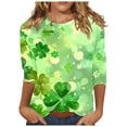 thumbnail image 1 of Diufon T-Shirts de la Saint-Patrick pour Femmes, Grande Taille, Imprimé Trèfle, Manches 3/4, Col Rond, 1 of 5