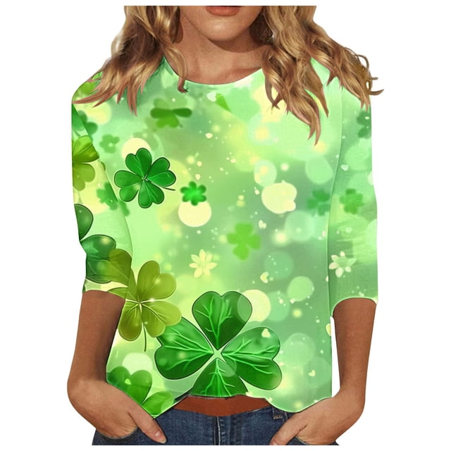 Diufon T-Shirts de la Saint-Patrick pour Femmes, Grande Taille, Imprimé Trèfle, Manches 3/4, Col Rond