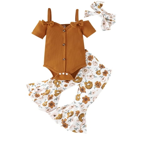 

Summer Newborn Baby Girl Clothes Set Cold Shoulder Romper Tops Floral Print Flare Pants Headband Infant 3Pcs Outfits