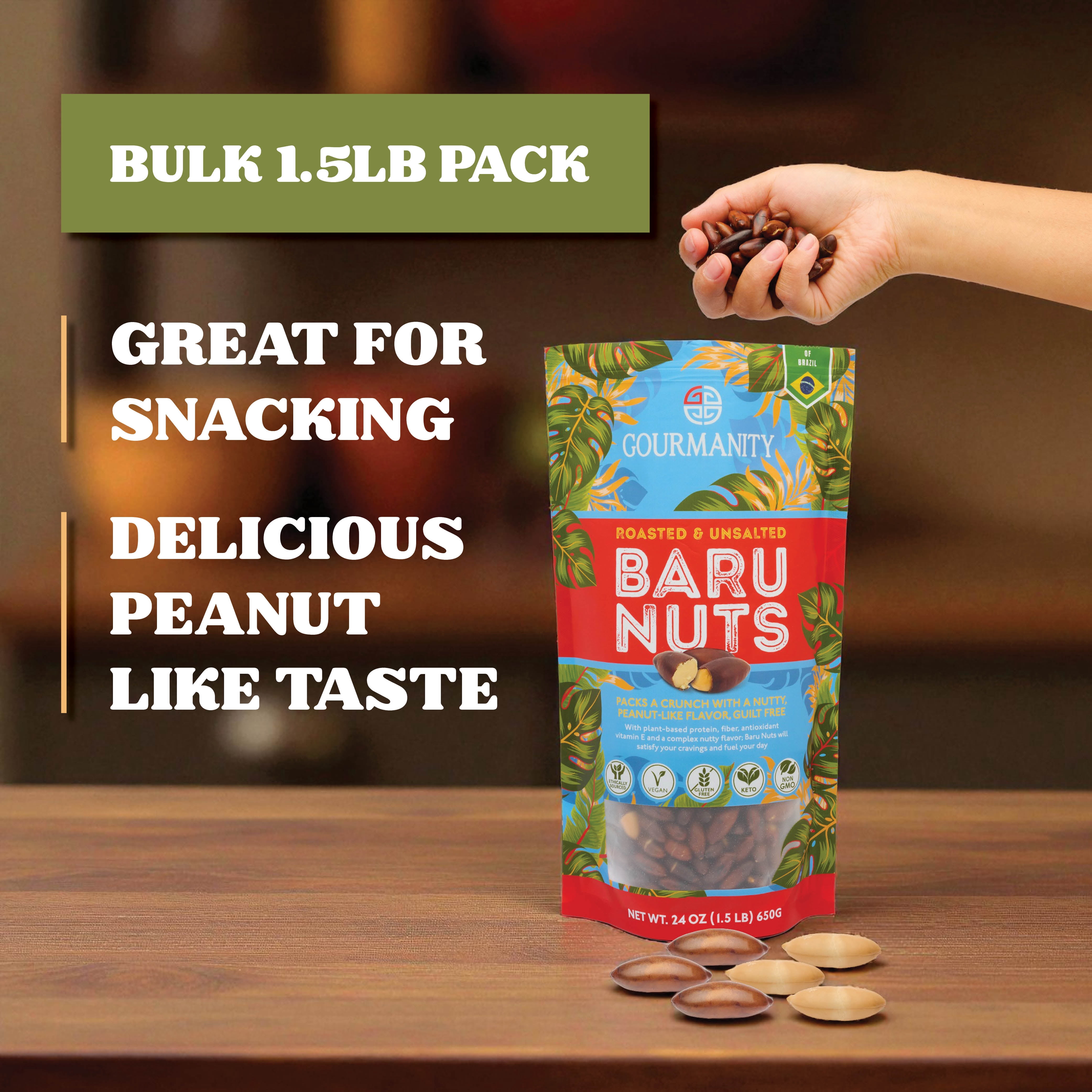 Gourmanity Brazilian Baru Nuts, Complex Nutty Flavor, High in Protein, Vitamin E and Omega 6 & 9, Roasted and Unsalted, 1.5 LB