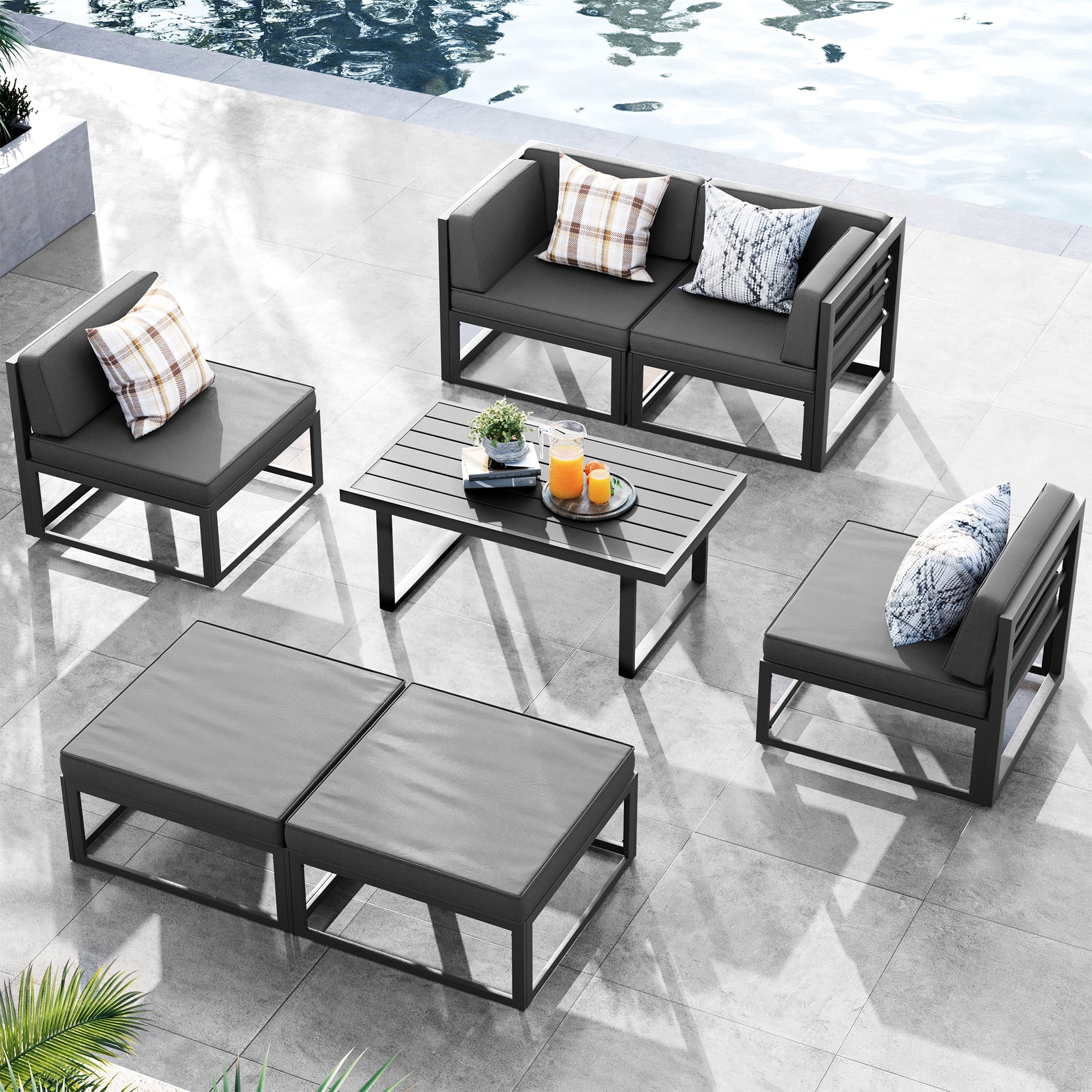 ELPOSUN Aluminum Patio Furniture Set, 7 Piece Modular Oversized Outdoor Sectional of Olefin 5 inch Thick Cushion, Coffee Table and Waterproof Cover, Patio Conversation Sets for Porch, Deck