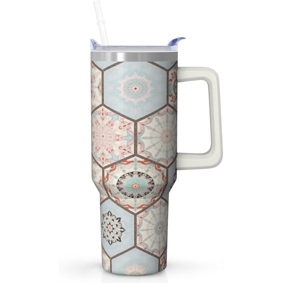 Tumbler with Handle and Straw for Women, 40 oz Stainless Steel Insulated Tumbler with Lid and Straw 100% Leakproof for Car Cup Holders - Hexagon Mandala Tile Mug for Commuters and Travelers