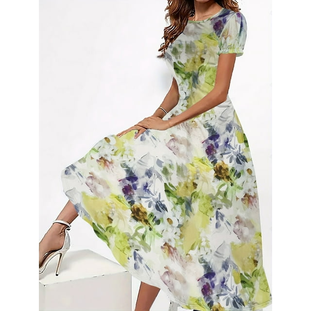 Blossoming Floral Print Dress - Comfortable Crew Neck, Stylish Short Sleeves