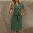 thumbnail image 4 of RYDCOT Womens Dresses Summer Ladies Fashion Casual Short Sleeve Solid Color V-Neck Solid Color Shirt Dress with Belt Midi Dresses on Clearance Green, 4 of 9