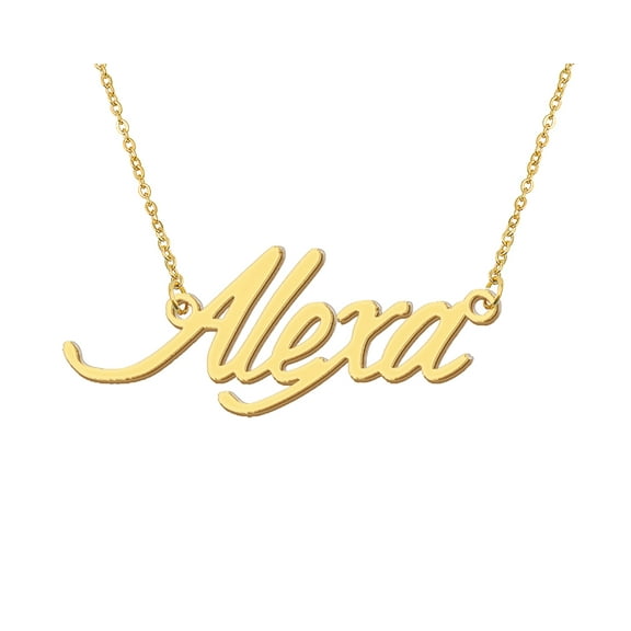HUAN XUN 18k Gold Plated Alexa Name Necklace Stainless Steel Nameplate Necklaces for Womens Mens Mother Day Christmas Jewelry Gift