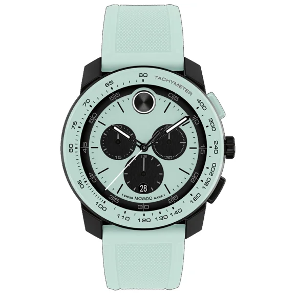 Movado Bold Tr90 Chronograph 3601212 Seafoam Blue 44Mm Silicone Strap Men's Watch