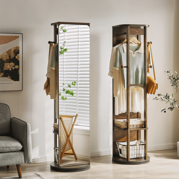 Rotating Full-Length Mirror Cabinet, Rubberwood Jewelry Armoire with Hooks & Shelves