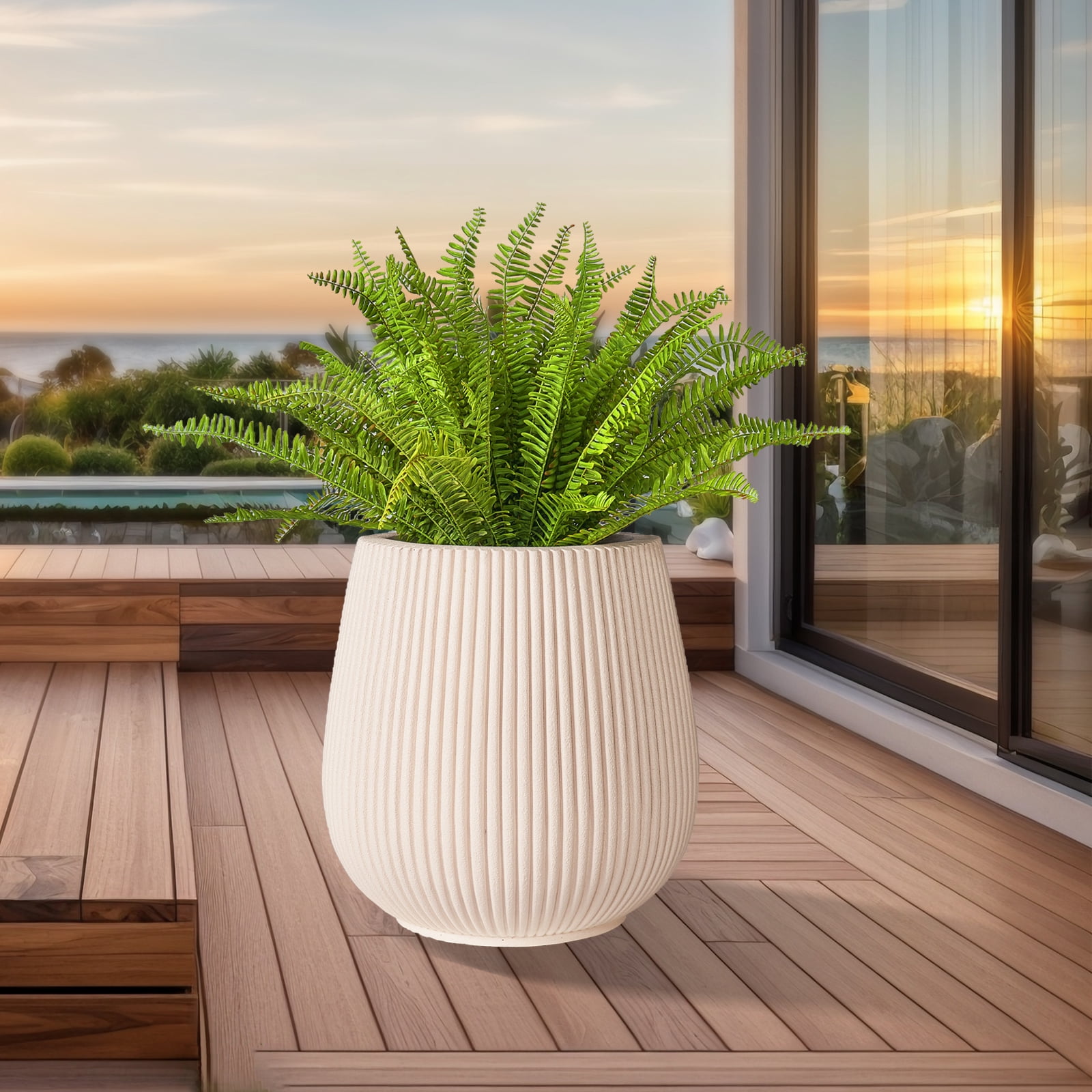 TerraDeco 16 Inch Handmade Concrete Outdoor Planter - Classic Striped Design | Fiberglass & Composite Material | Durable for Commercial & Home Decor