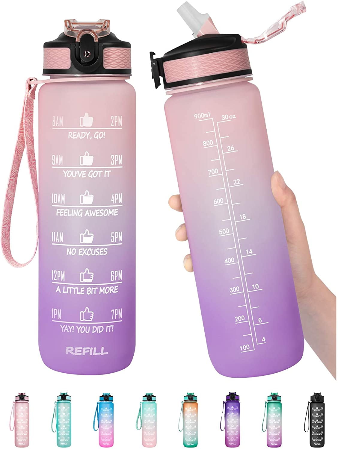Sursip 32 oz Motivational Water Bottle with Time Marker，Reusable Water Bottle Perfect for the gym and office/Outdoors,BPA Free Frosted Plastic Bottle Leak proof with Carry Strap Dishwasher Safe 
