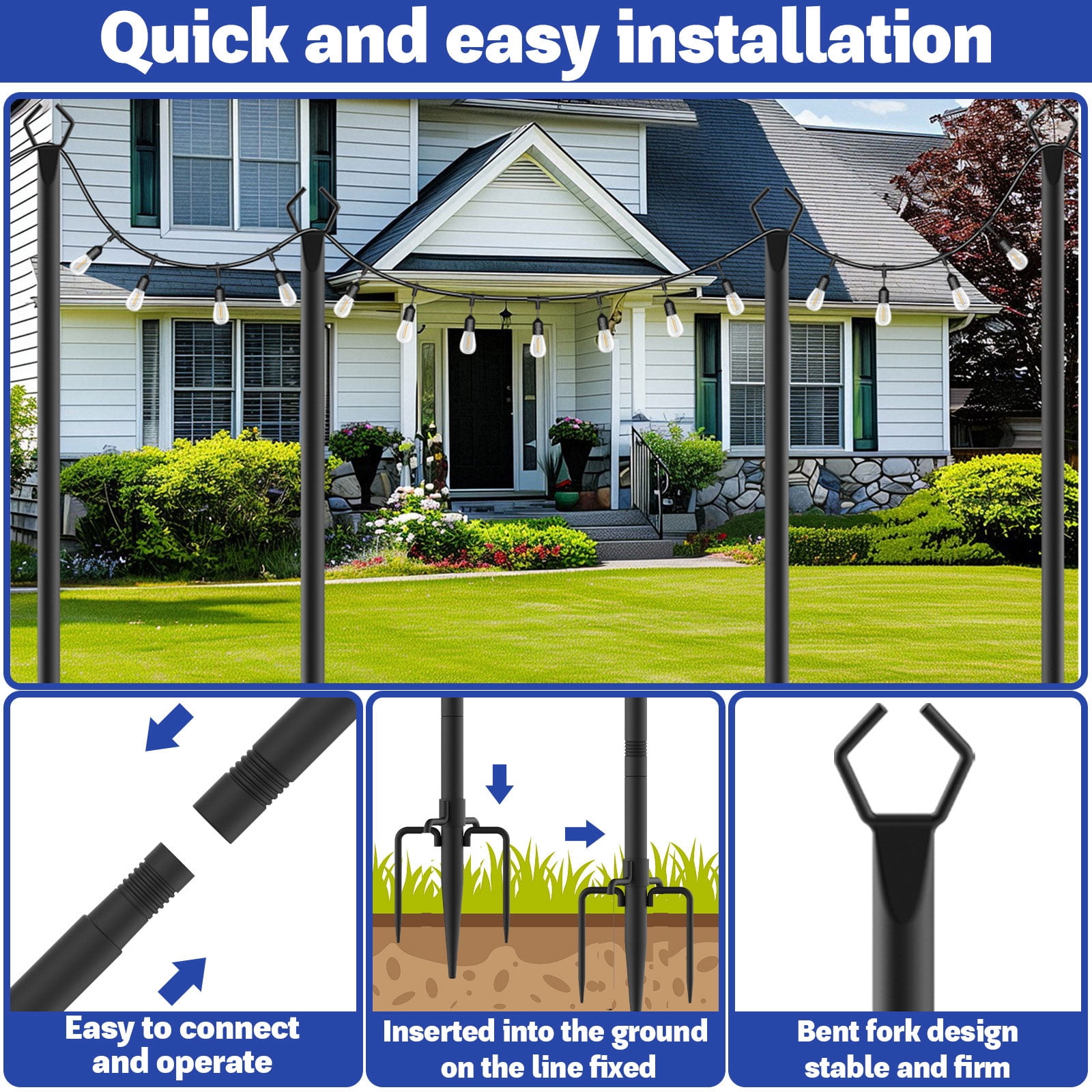 10Ft 6 Pack String Light Poles ,Light Poles for Outside Lights,Outdoor with Fence Brackets Hanging Lights,Metal Stand Deck Patio Backyard