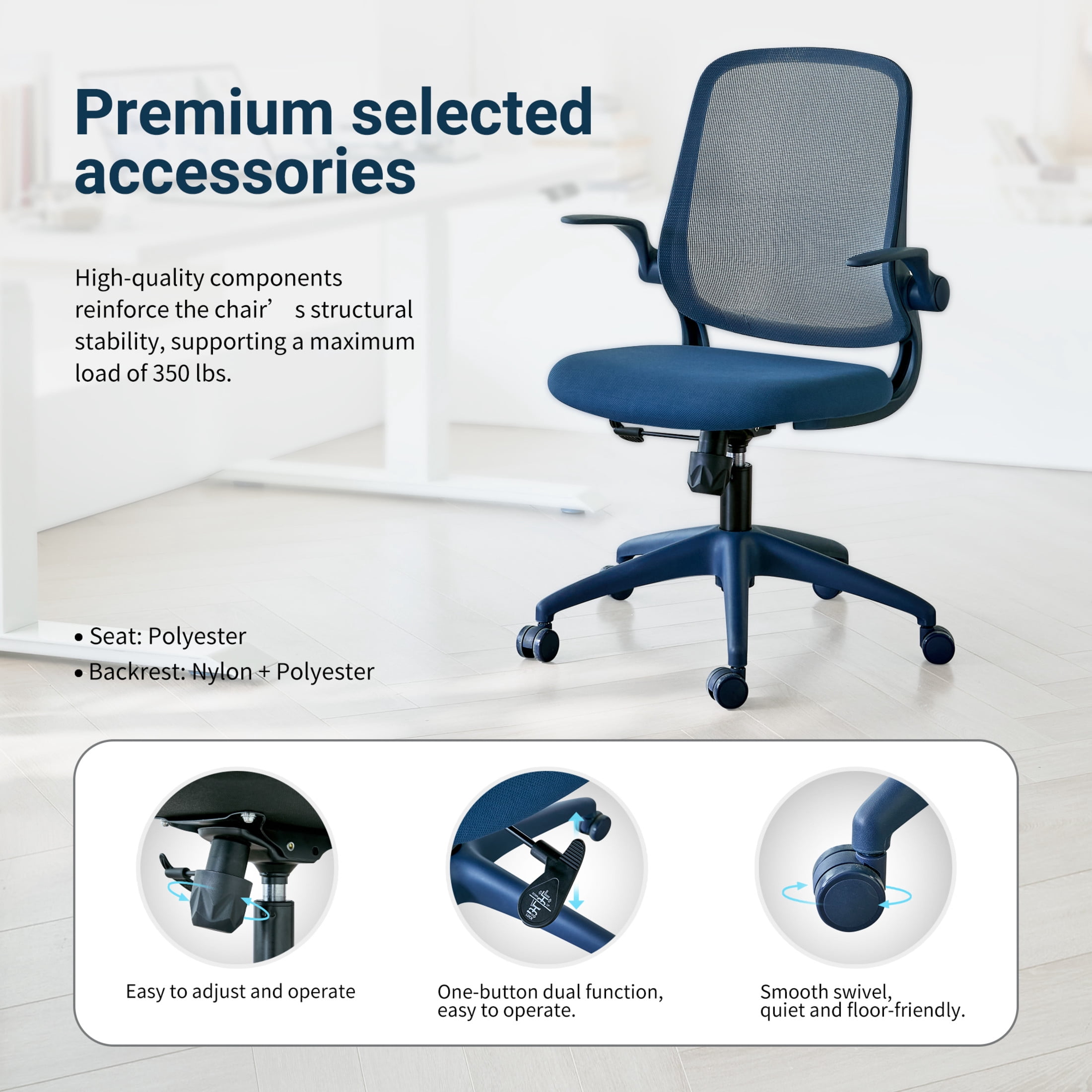 Noble House Ergonomic Mesh Swivel Office Chair, Lifting Multifunction Task Chair with Flip Arms and Mid-Backrest, Blue