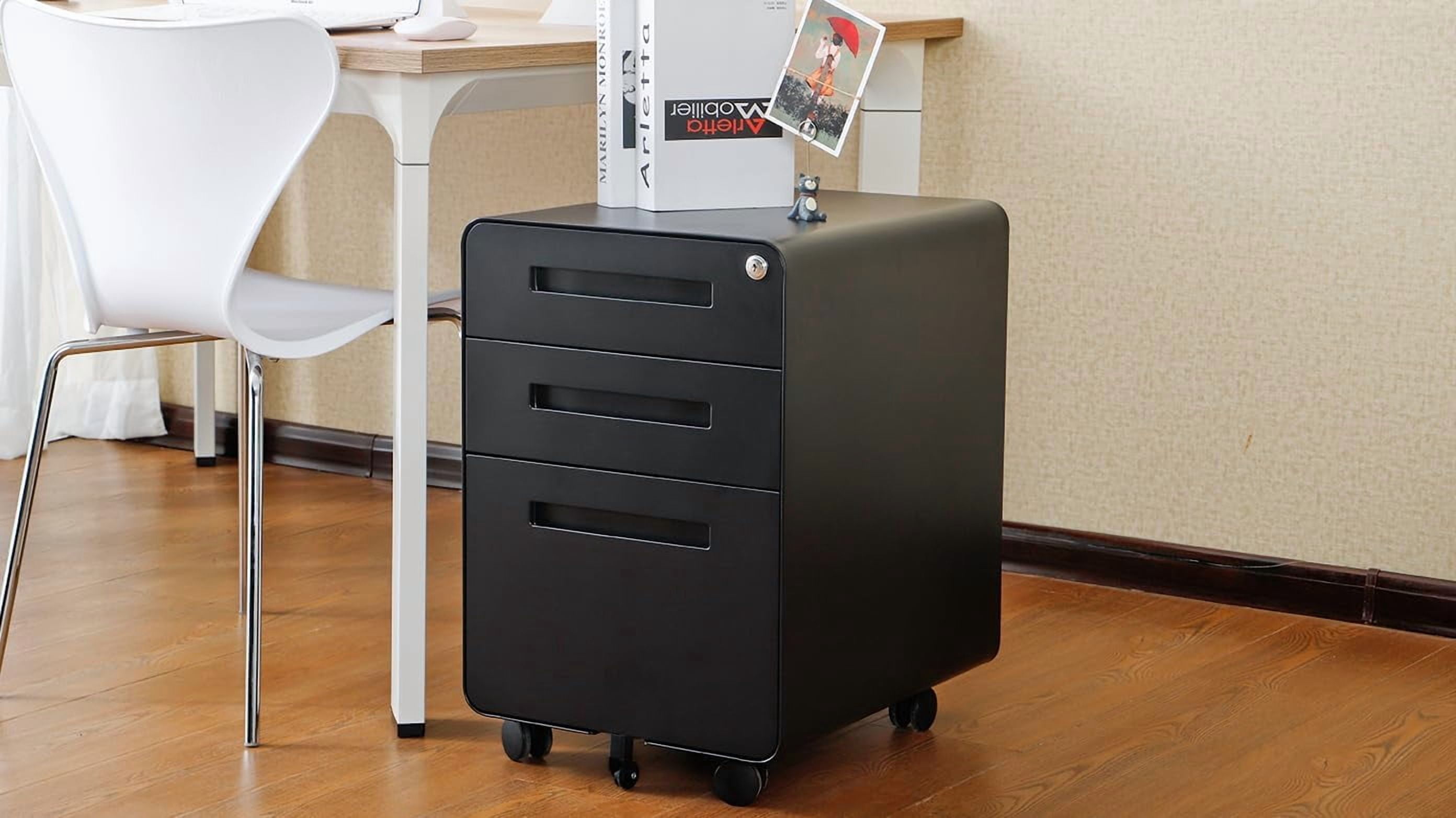 3-Drawer Mobile File Cabinet with Lock, Under-Desk Steel Rolling Cabinet for A4, Letter & Legal Files, 5-Wheel Anti-Tilt, Fully Assembled, Home Office, Black