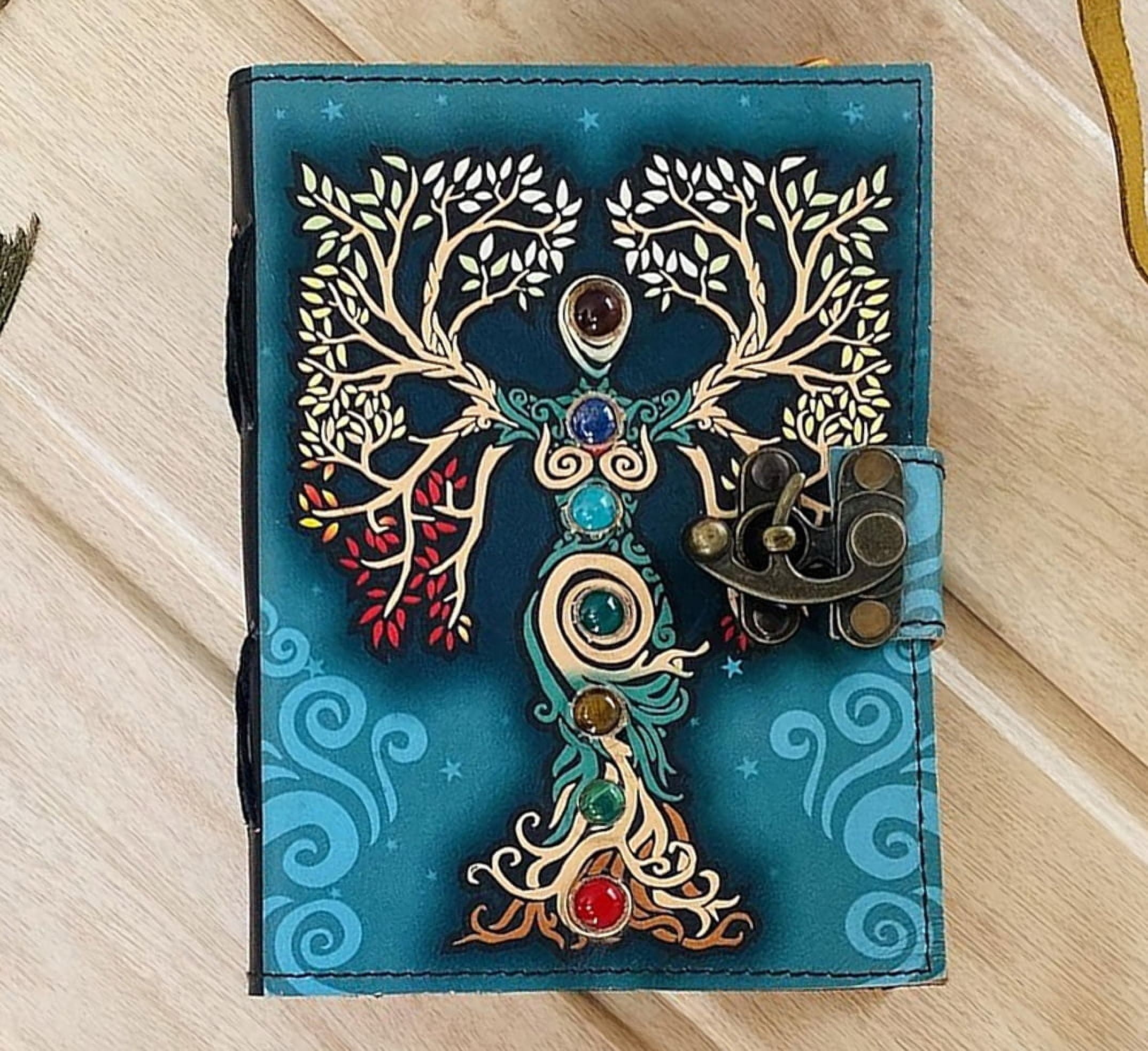 Vintage Leather Journal, Embossed 7-Stone Diary, Wiccan