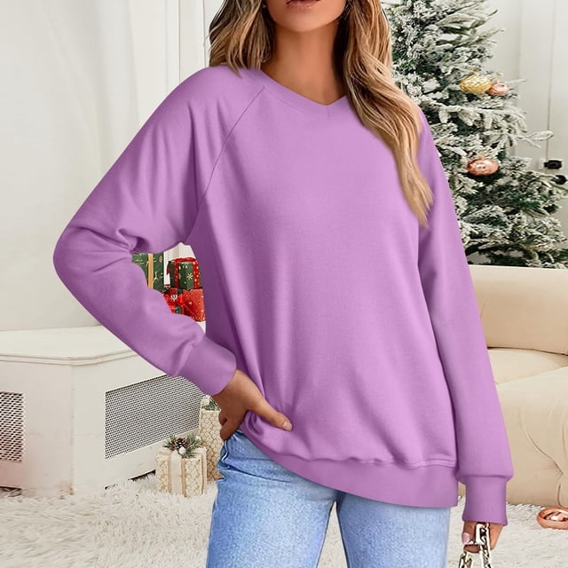 Meichang Chemise à Manches Longues pour Femmes Col en V Raglan Chandail Basique Ample Mode Printemps 2025
