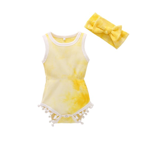 TUOBARR Newborn Infant Baby Girls Ribbed Tie-Dyed Romper Bodytsuit Headband Outfits Yellow (0-18Months)