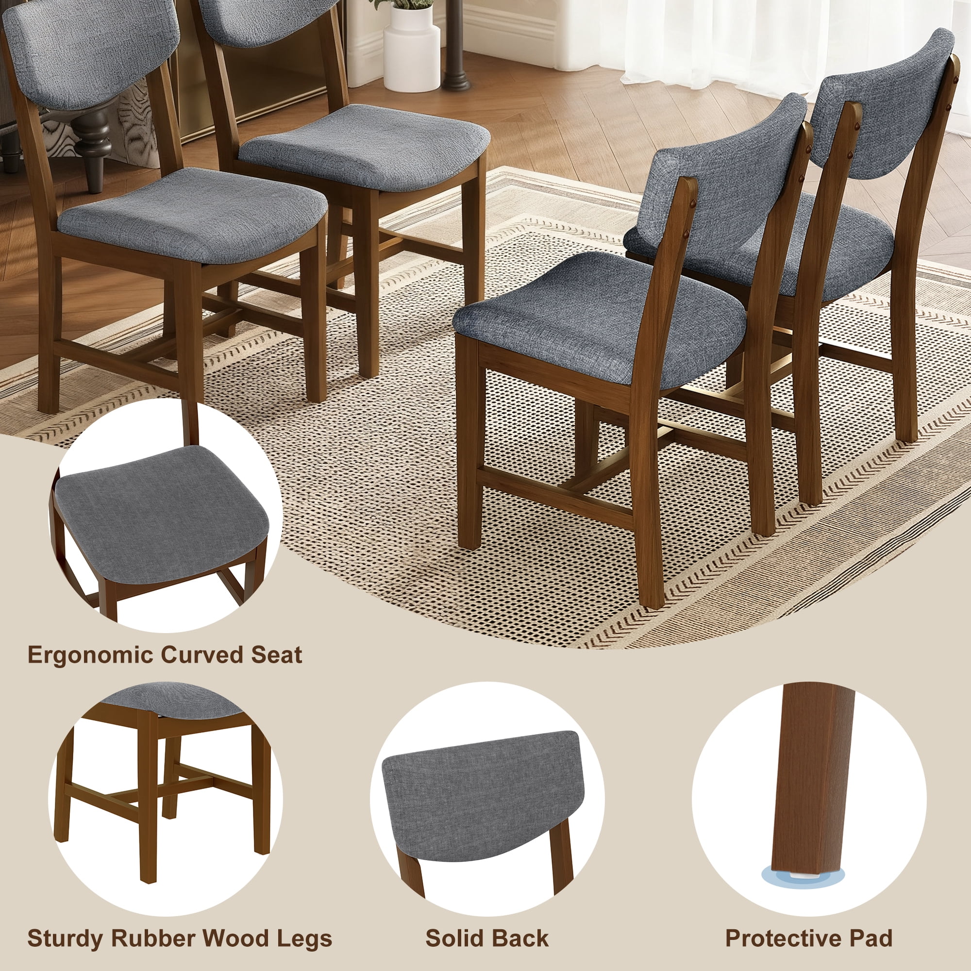 Euroco 5 Piece Dining Table Set for 4, Farmhouse Wood Kitchen Table Set with 4 Upholstered Chairs for Kitchen & Dining Room,Walnut