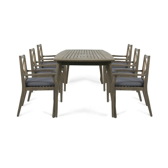 Noble House Llano 7 Piece Wooden Patio Dining Set in Gray