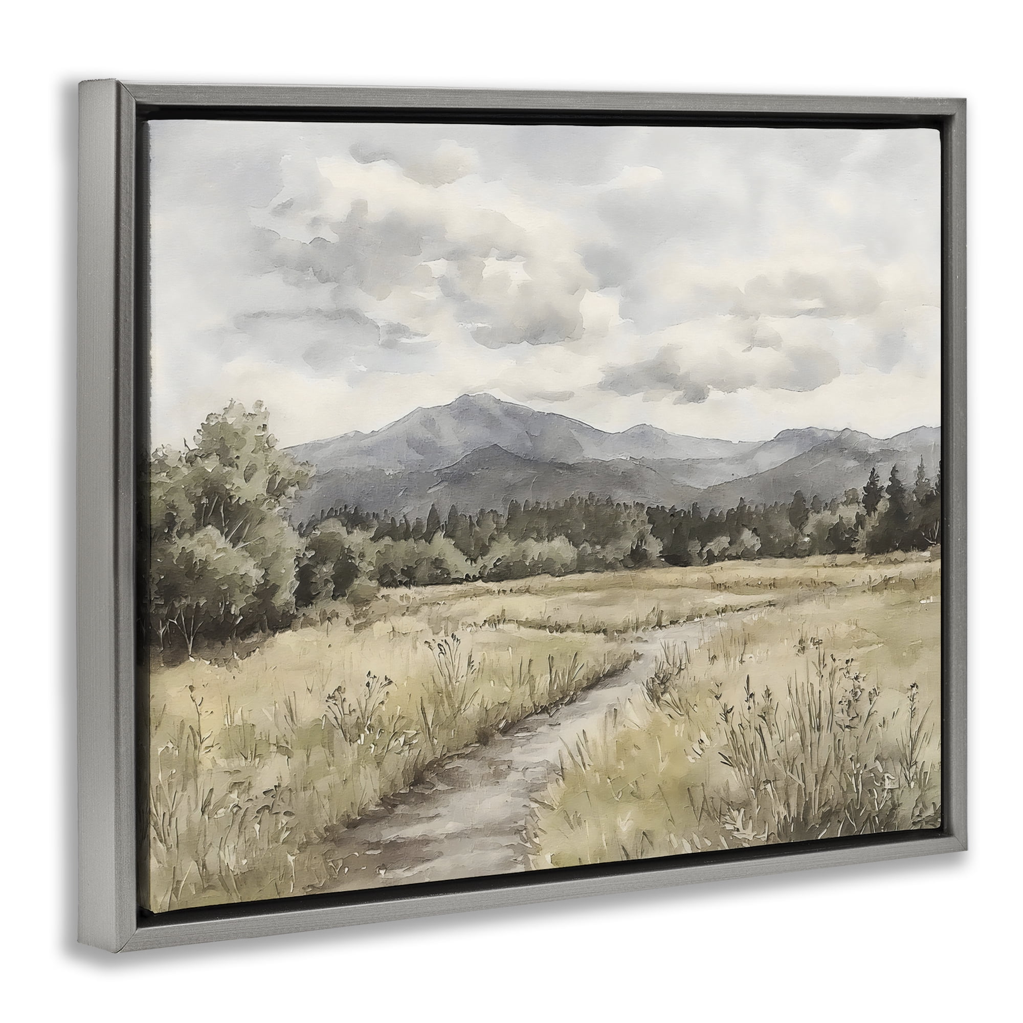 Stupell Industries Muted Pathway to Mountains Gray Framed Floater Canvas Wall Art, design by Riley B
