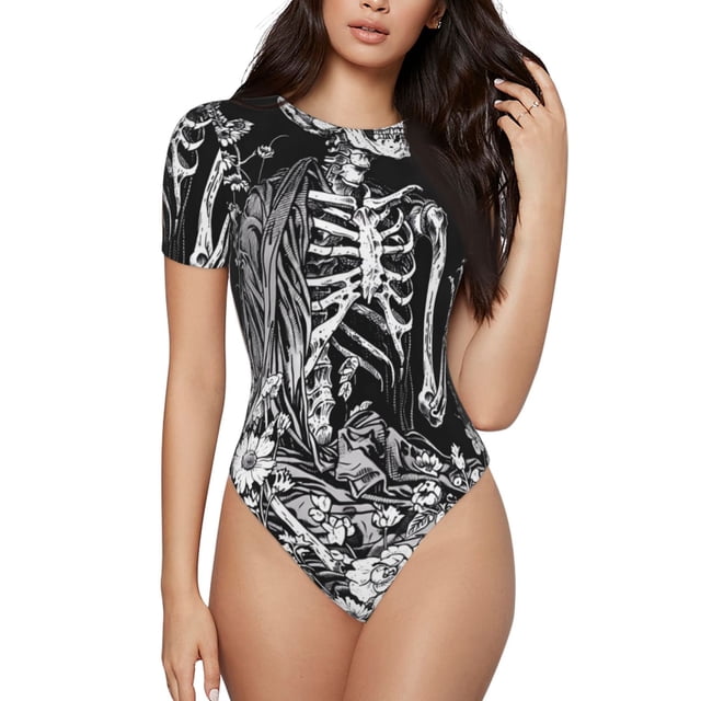 Saiise Motif Floral Gothique Crâne, Grenouillère à Manches Courtes pour Femmes, Col Rond, Pyjama, Justaucorps Extensible avec Fermeture à Pression-Moyen