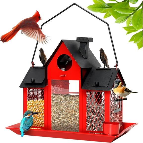 Solar Bird Feeders House for Outdoors Hanging, 7LBS Large Capacity Metal Wild Bird Feeder Squirrel Proof for Outside with Water Cup, Cardinal Birdfeeder Birdhouses Gift for Bird Lovers (Red)